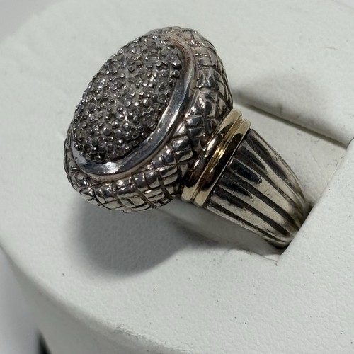 Sterling Silver 925 14K Yellow Gold Pave Diamond Oval Ring Textured 2 Tone Sz 7 - Picture 10 of 15