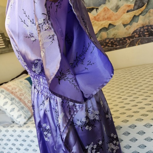 Handmade Purple Satin Asian Style Maxi Dress Kimono Sleeve Smocked Waist Floral - Imagen 4 de 16