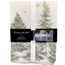Tahari Árboles de Navidad Dorado Bosque Nevado Copos de Nieve 60x104 Mantel Vacaciones