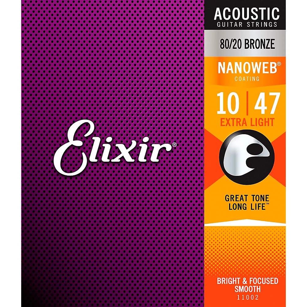 Струны Elixir 80/20 для акустической гитары из бронзы с покрытием NANOWEB Extra Light 010-.047