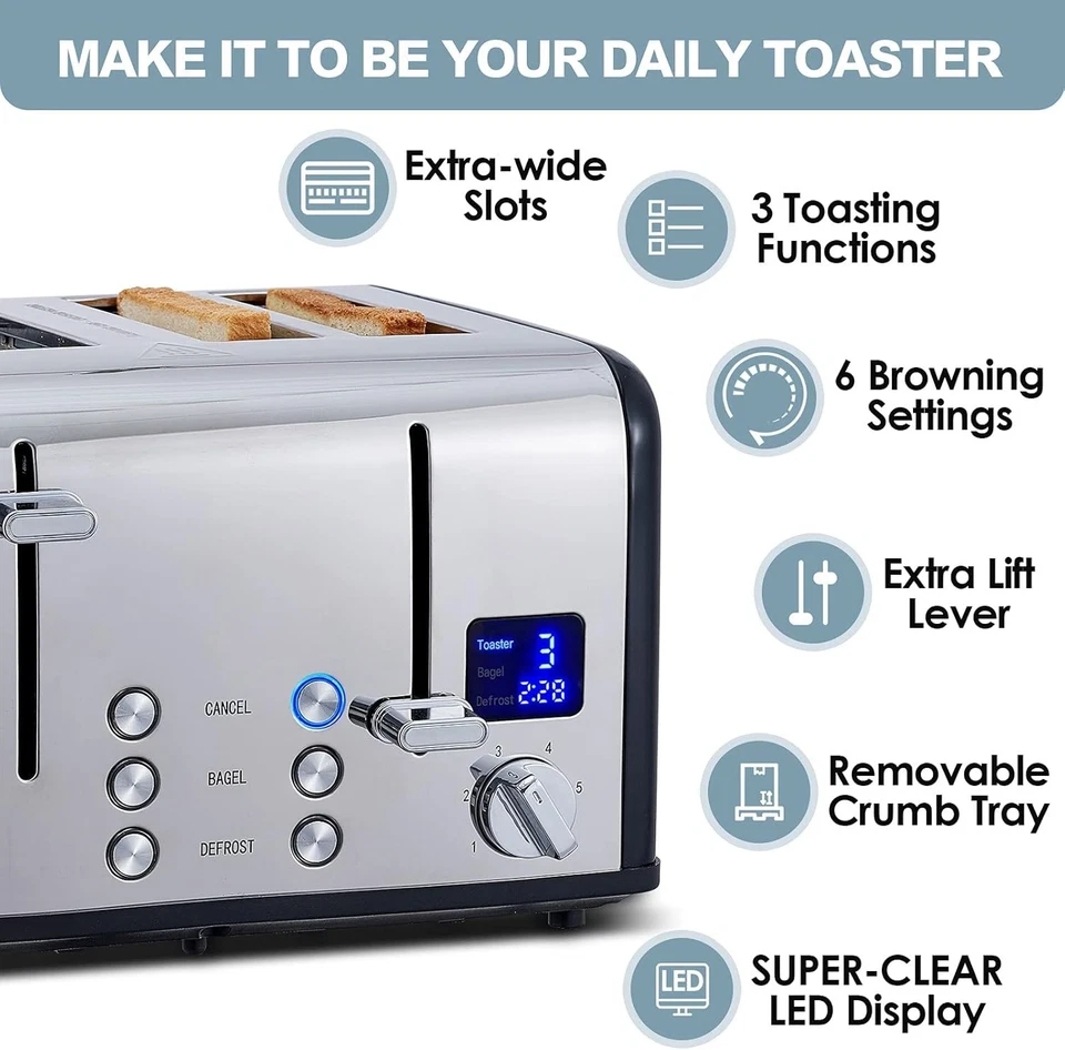 Classic 4 Slice Stainless Steel Toaster with 6 Shade Settings & LED Countdown - Image 4 of 4