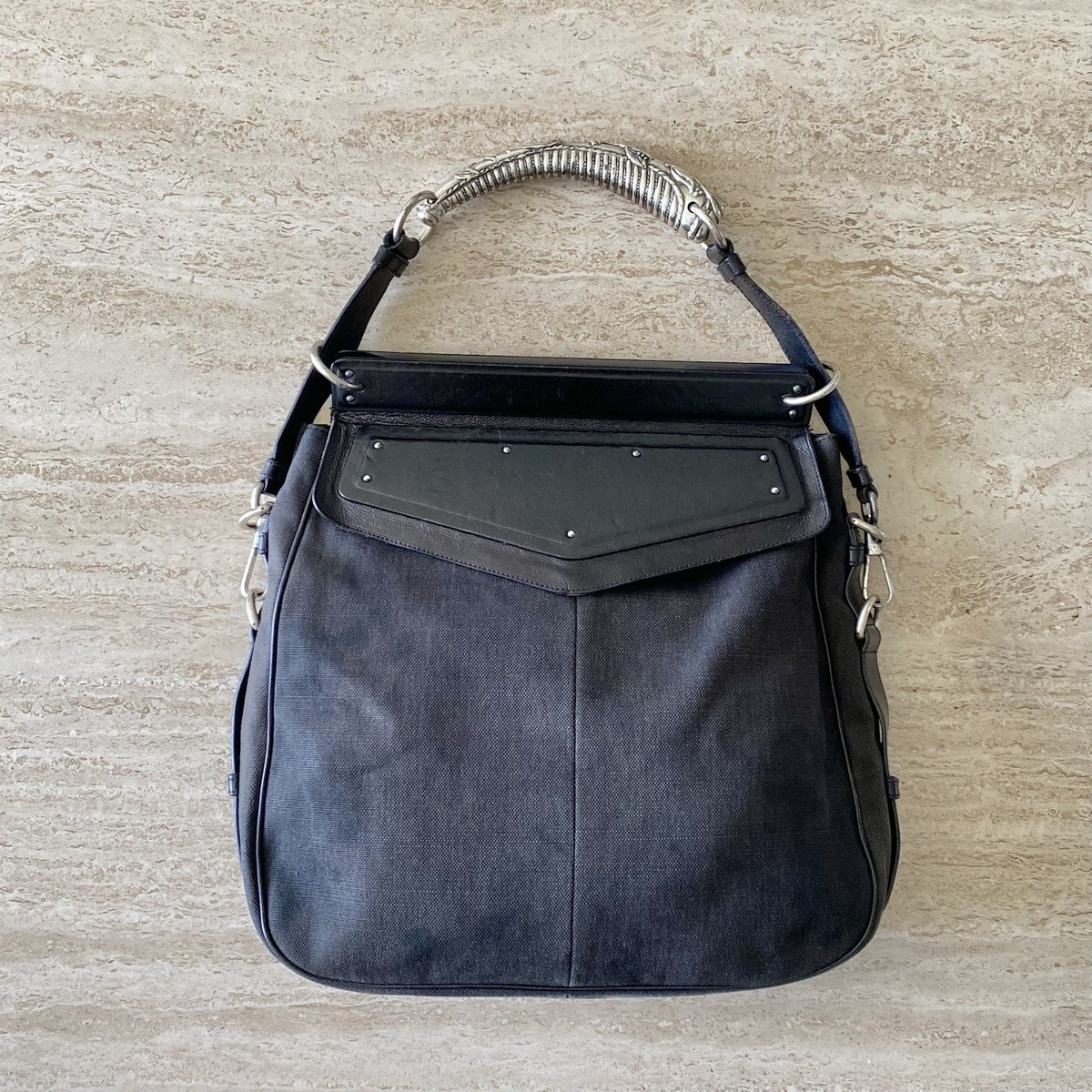 Vintage Yves Saint Laurent Mombasa Black Canvas Leather Metal