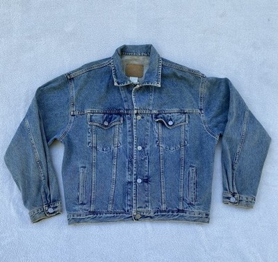 VTG Big E Style 90S Denim Trucker Jacket L Type III Faded Barn Find Western Gap
