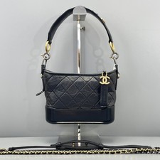 AUTH CHANEL Gabrielle Small Hobo Black Leather Top Handle Crossbody Bag.
