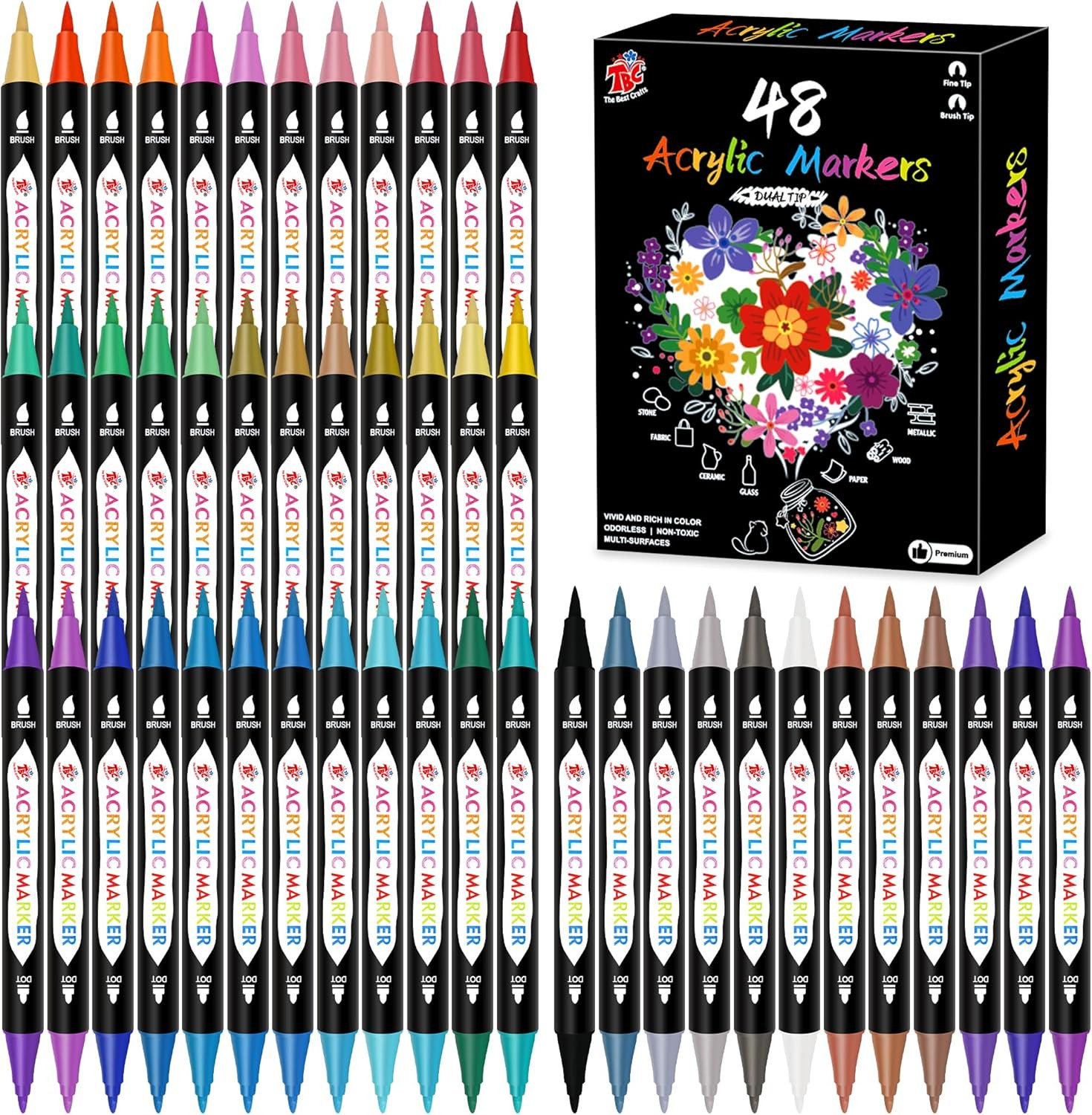 48 Colors Dual Tip Acrylic Paint Markers,Waterproof, Non-Tox