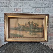 Original Watercolour – Signed D. Sherrin – Riverside Church Scene – Antique