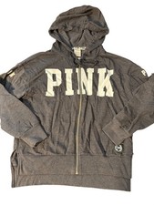 Victoria's Secret PINK Full Zip Hoodie Charcoal Gray Front Spellout Logo Size S