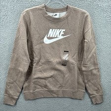 Nike Sweatshirt Womens Small Sportswear Club Fleece Logo Crewneck Brown White