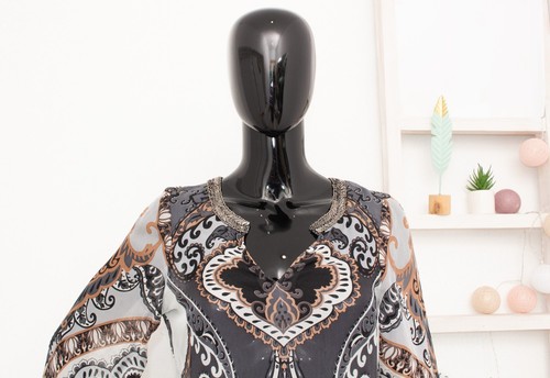 Camicia HALE BOB grigio marrone floreale 100% seta collo perline semi trasparente S - Foto 2 di 11