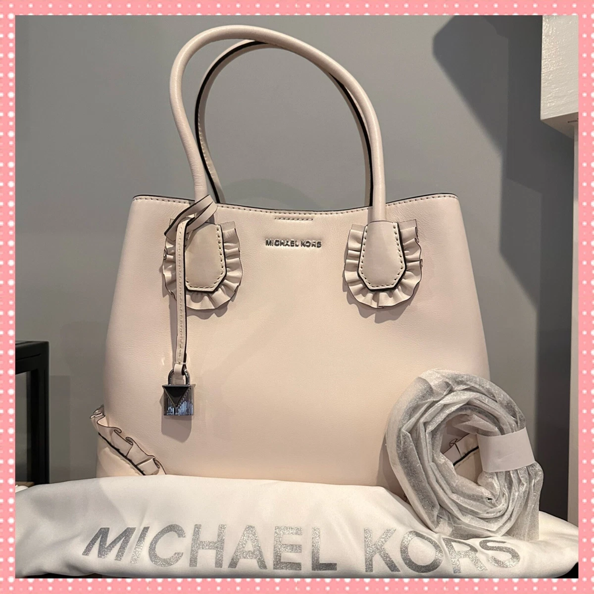 Michael Kors Mercer Gallery MD Center Zip Ruffled Tote Optic White Leather NWT