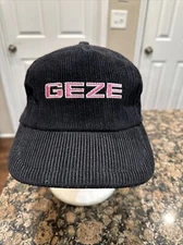 VTG Ski GEZE Black Corduroy Hat Cap Pink Letters Bump Bonnets Adjustable