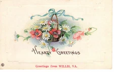 Postcard Greetings From Willis VA Basket of Flowers Embossed -9522