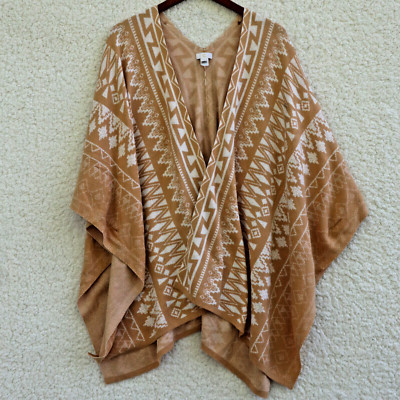 Boho Poncho 100% Cotton Women's Gold Knit Open Front Cottagecore sz S Aztec