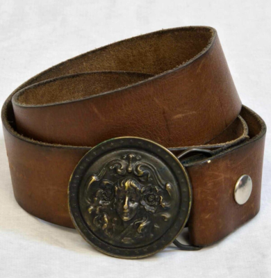 Vtg Art Nouveau Style Leather Belt Woman Floral Buckle Brass  display picture 3