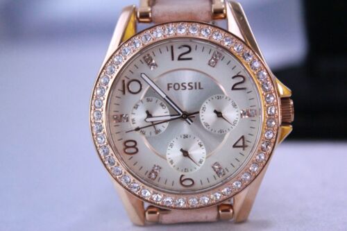 Fossil Riley Watch Ladies Womens ES 3466 Rose Gold and Crystal on Leather Band - Picture 1 of 8