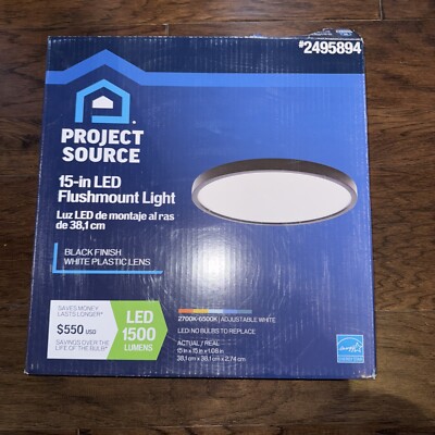 Project Source 15-in LED Flushmount Light Black Finish White Plastic Lense