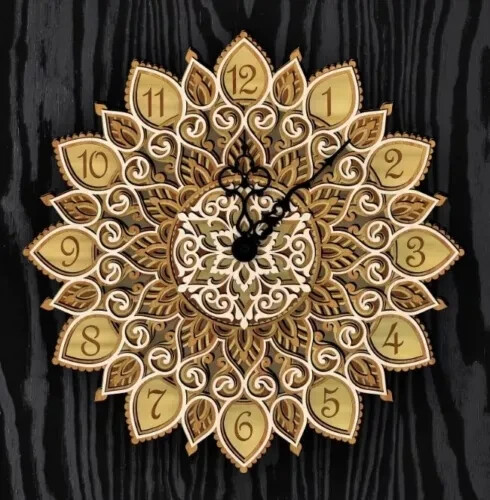 Flower Designed Antique Engraved Wooden Multi Layered Mandala Style Clock Gift - Picture 1 of 5