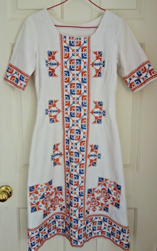 1970s Womens Sz 4-6 Hand Made White Linen Dress w… - image 1