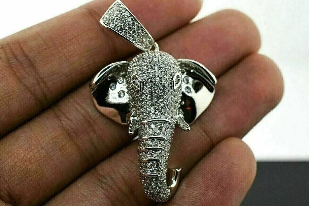 14k White Gold Plated Silver 3Ct Simulated Diamond Elephant Pendant Christmas