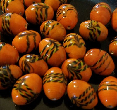 Pack of 25 Orange Painted Patterned Glass Craft Jewelry Beads 20mm Oval