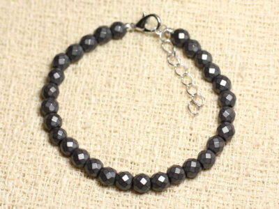 Bracelet En Argent 925 Et Hématite Plaqué Rhodium - Pierres Facettées 6mm, Fait Main En France