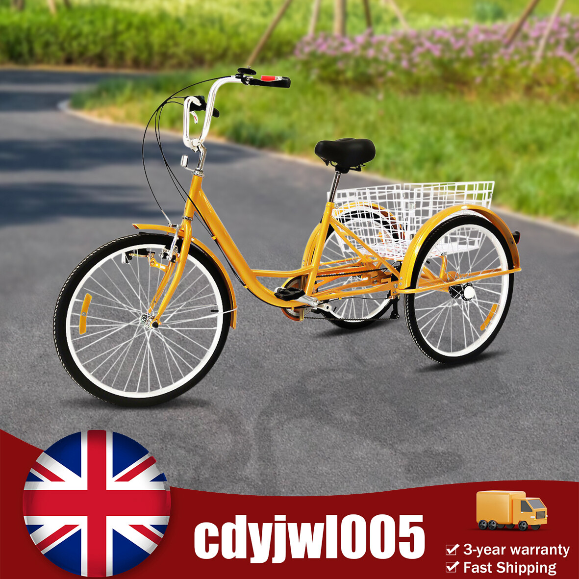 Triciclo 24" 6 velocidades adulto 3 ruedas amarillo bicicleta triciclo bicicleta con cesta y lámpara
