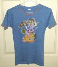 Vintage 70's/80's Pink Panther Glitter Texas Light Blue Ringer T-Shirt Youth 