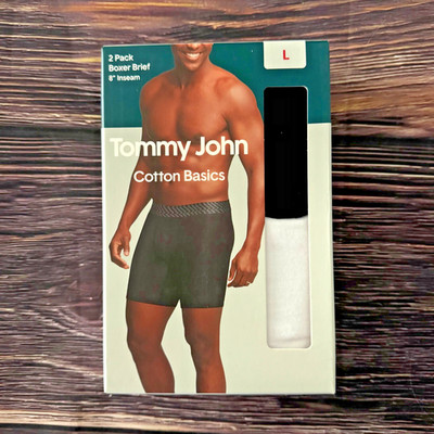 Tommy John Mens Cotton Basics 2 Pack Boxer Briefs Black White 8  Inseam Large