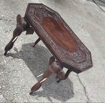 vintage Anglo-Indian carved hardwood elephant leg table.