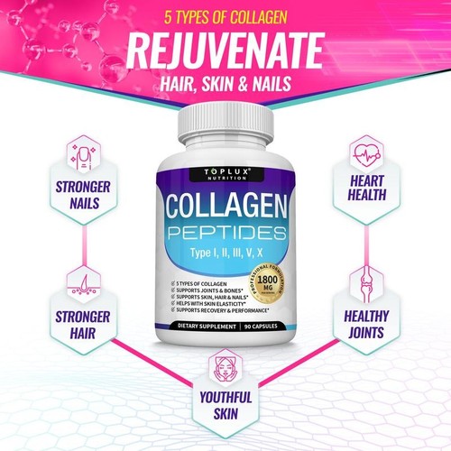 Toplux 5 Types Collagen Peptides 1800mg, US Made 90 Capsules，Free Shipping - Picture 3 of 11