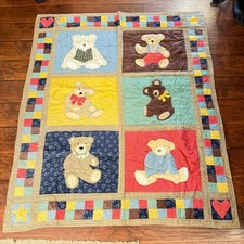 VTG Teddy Bear Quilt Appliqu Nursery Baby Blanket Cottagecore Cotton Patchwork