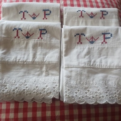 4 Antique Broderie Angalize TP Monogram Blue/Red Work Basket  Pillowcases