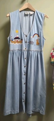 Vtg 90 s Women s Denim Jumper Dress Embroidered Noah s Ark  Cottagecore MEDIUM 