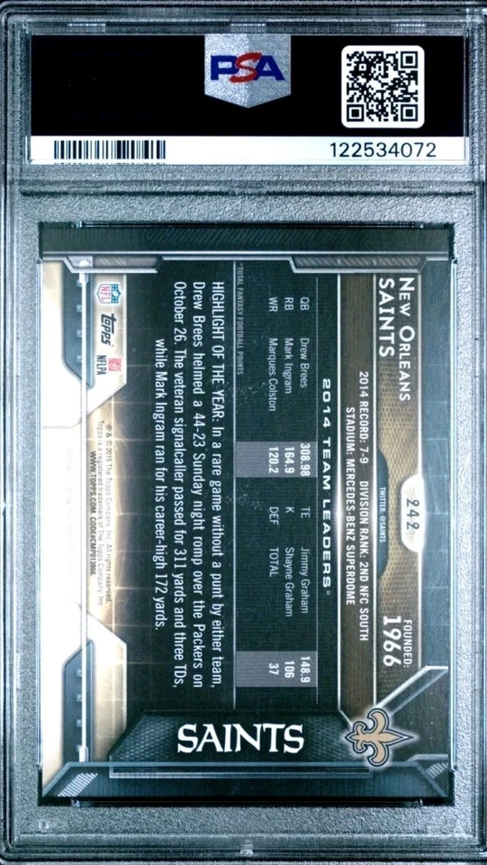 🔥🏈2015 TOPPS #242 DREW BRESS SAINTS PSA 10🔥🏟 - Image 2 of 2