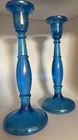 Pair 10” Vintage Fenton Celeste Aqua Blue Iridescent Satin Glass Candlesticks