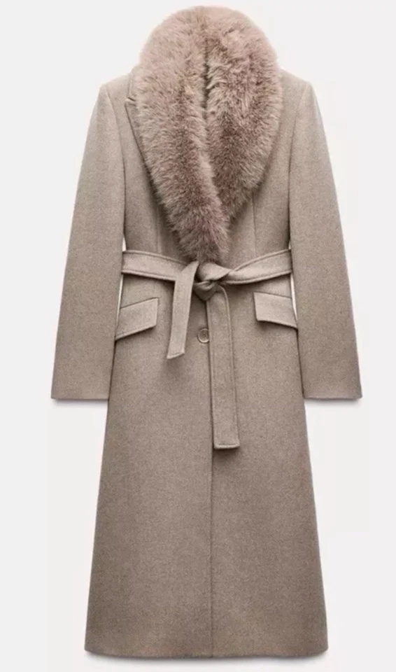 ABRIGO DE LANA ZARA CON SOLAPA DE PIEL SINTÉTICA CUELLO VISÓN FW24/25 TALLA M REF 9225/147 Foto 2 de 4