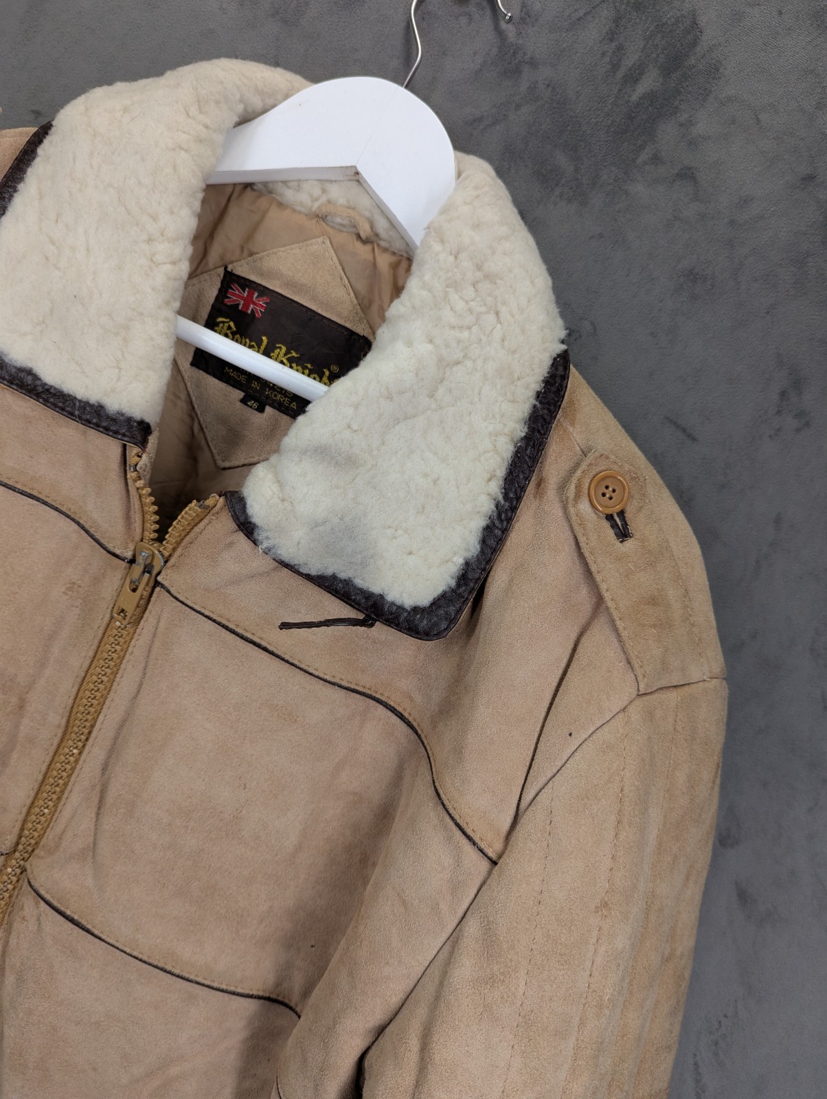 Vintage 80's Royal Knight Suede Leather Flying Jacket Sz 46 Large Full Zip Lined image 3