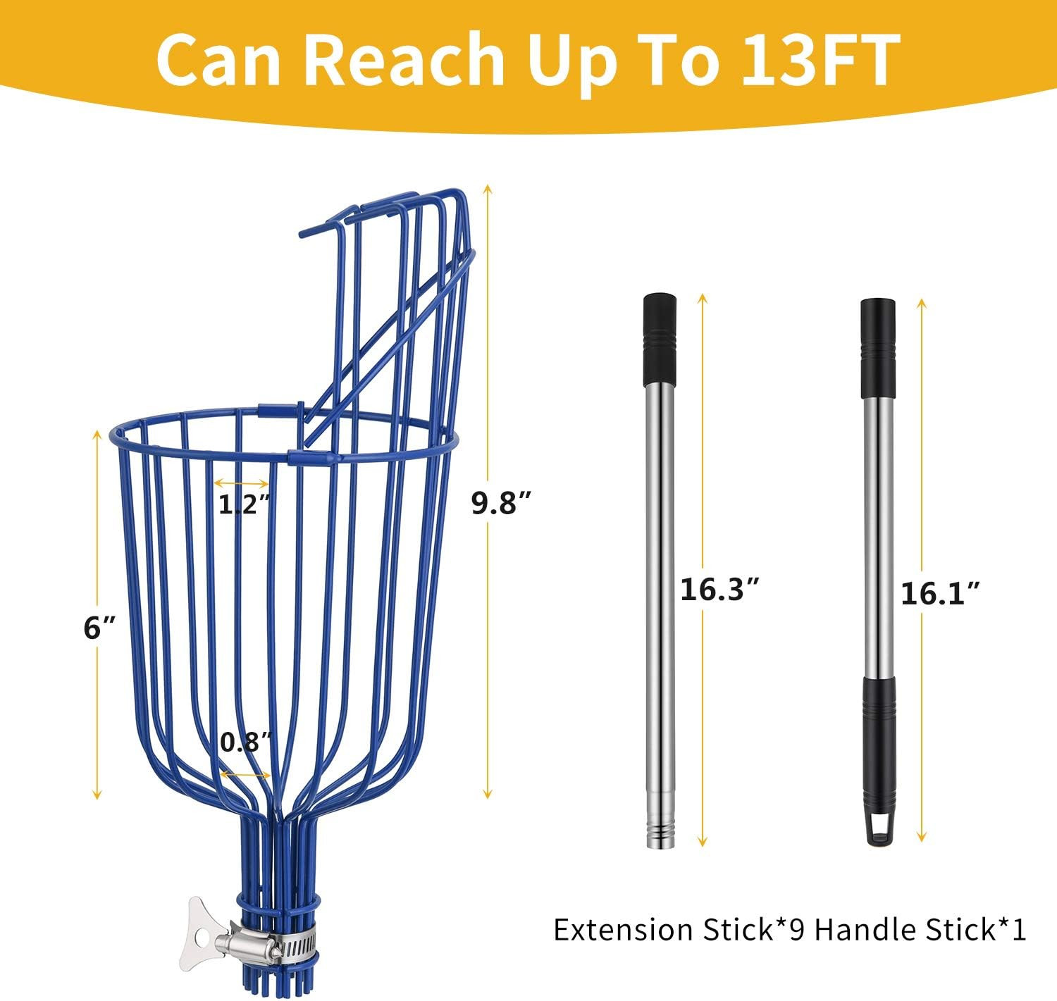 13ft Fruit Picker Pole with Basket Adjustable Apple Orange Tree Picking Tool