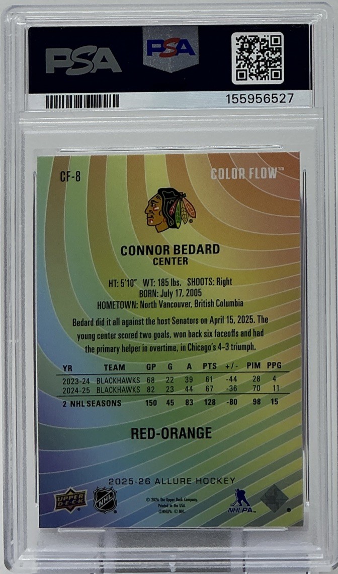 Connor Bedard PSA 10- 2025 Upper Deck Allure Color Flow ‘Red Orange’ -Blackhawks view 6