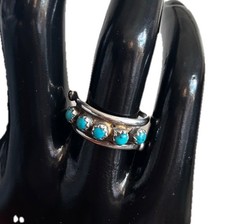 VTG Native Zuni Sterling Silver Turquoise Petit Point 5 Stone Ring Sz 6.5