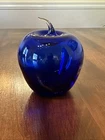 Blenko Art Blown Glass Large Colbalt Blue Apple Clear Stem Paperweight Teachers