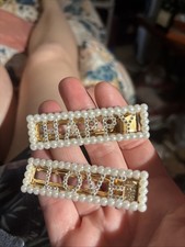Faux Pearl Rhinestone Hair Barrett Clip Love Happy Gold Tone Hair Accessories
