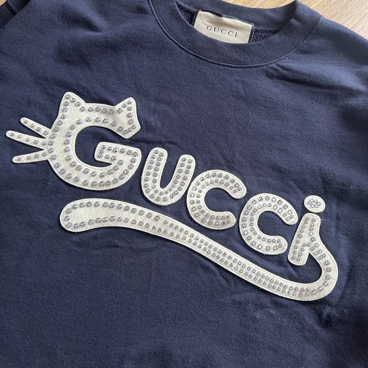 Gucci Cat Diamond/Stones Logo Embellished Cotton Sweatshirt | eBay