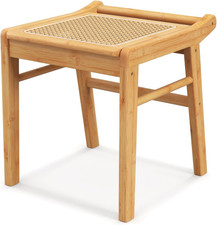 Sgabello per Tavolo Da Trucco in Bambù, Sgabello Con Seduta in Rattan E Piedini 