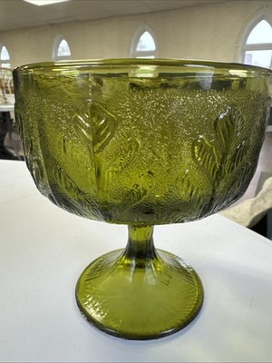 Vintage FTD Avocado Green Glass Pedestal Bowl Compote Oak Leaf Pattern