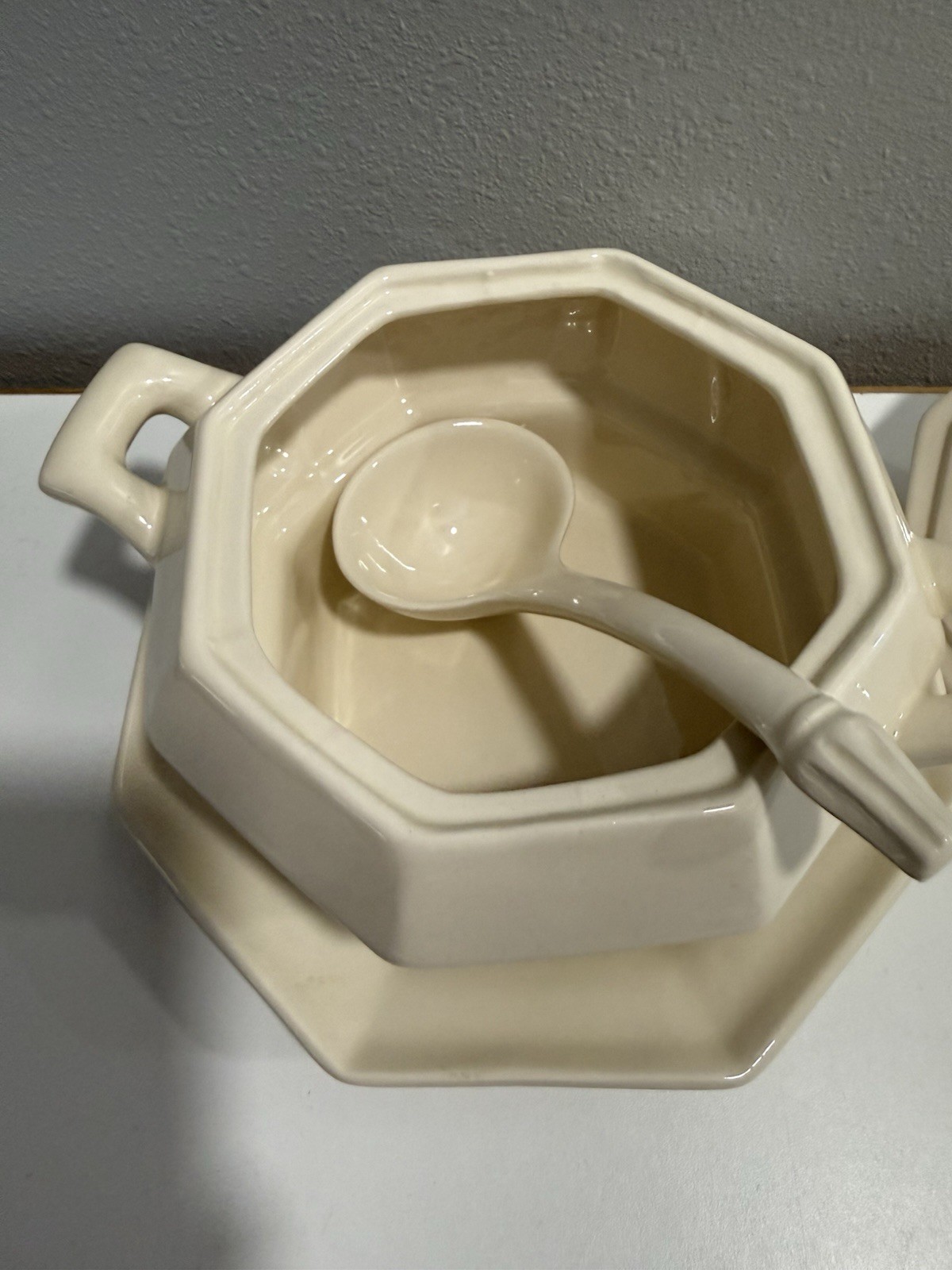 Vintage Off-White Ceramic Soup Tureen Bowl With Underplate, Lid and Ladle. thumbnail 3