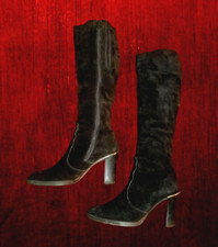 1970's Black Suede Boots, Vintage Ladies Knee High Tall Boot, Made in Italy, 6.5