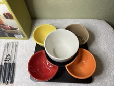 Fondue Set  Pot 4 Bowls Colorful 4 Forks & Tray 2012 Pier 1 Imports NO Stand
