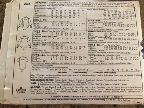 🦋 1981 McCALL'S #7547 - CAMISA HOMBRE MANGA LARGA Y CORTA PATRÓN 42"/44"/46" FF - Imagen 3 de 3