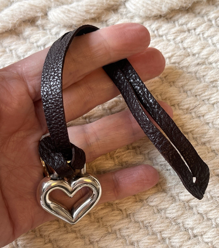 Brighton Signed Black Leather Strap Silver-Tone Heart Fob Hand-Bag Charm VTG
